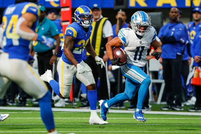 Detroit Lions wide receiver Kalif Raymond (11) runs against Los Angeles Rams after making a catch during the second half at the SoFi Stadium in Inglewood, Calif. on Sunday, Oct. 24, 2021.